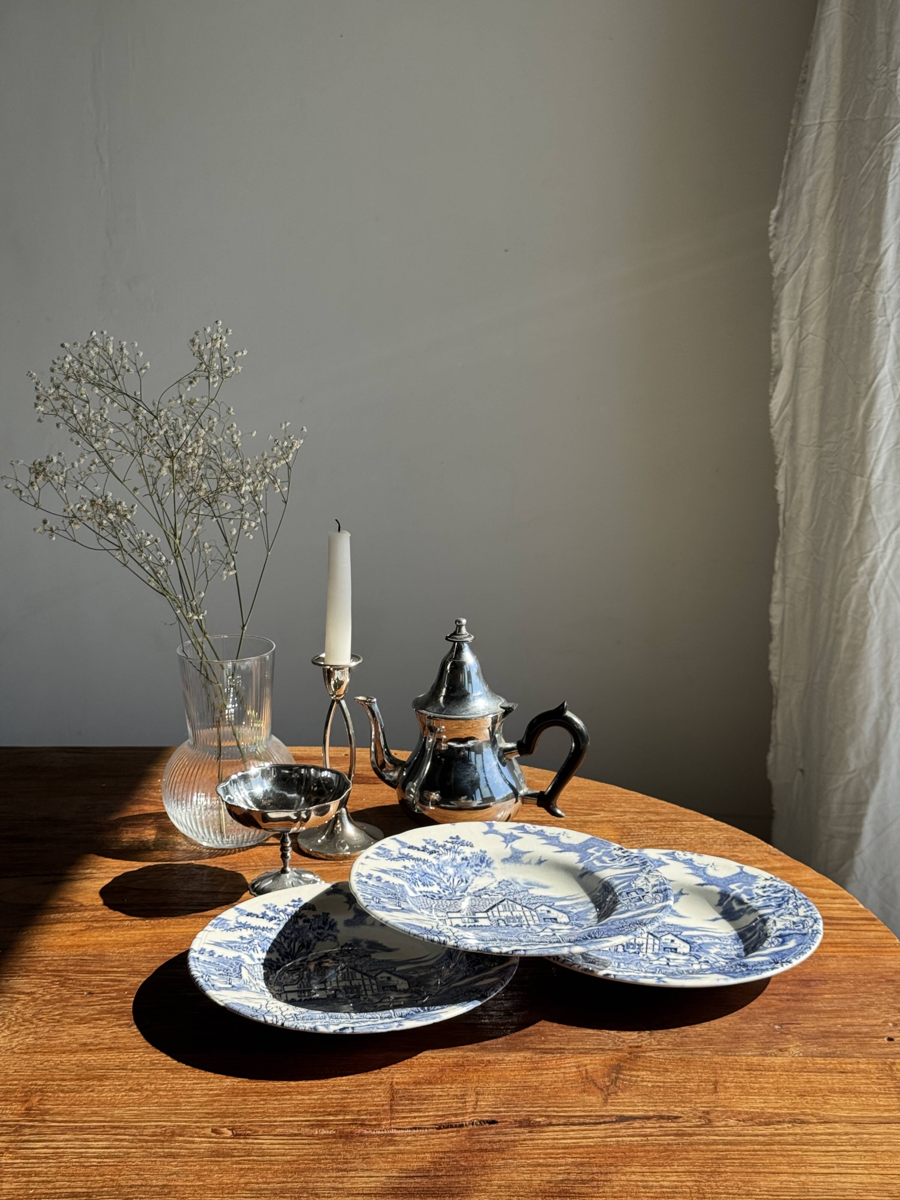Lot de 5 assiettes anglaises bleues D23