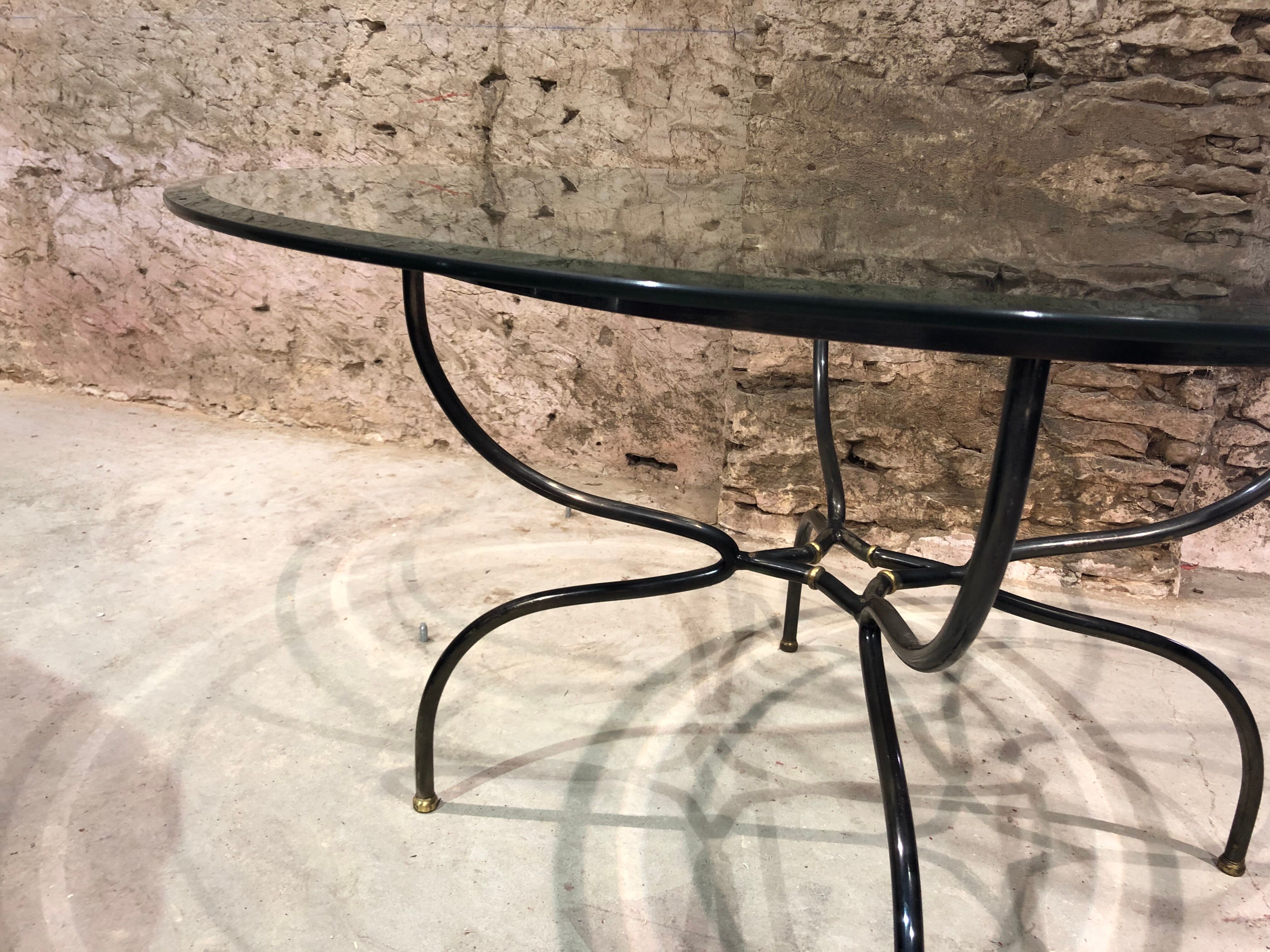 Table base wrought iron and brass, bevelled glass tray, 1980s