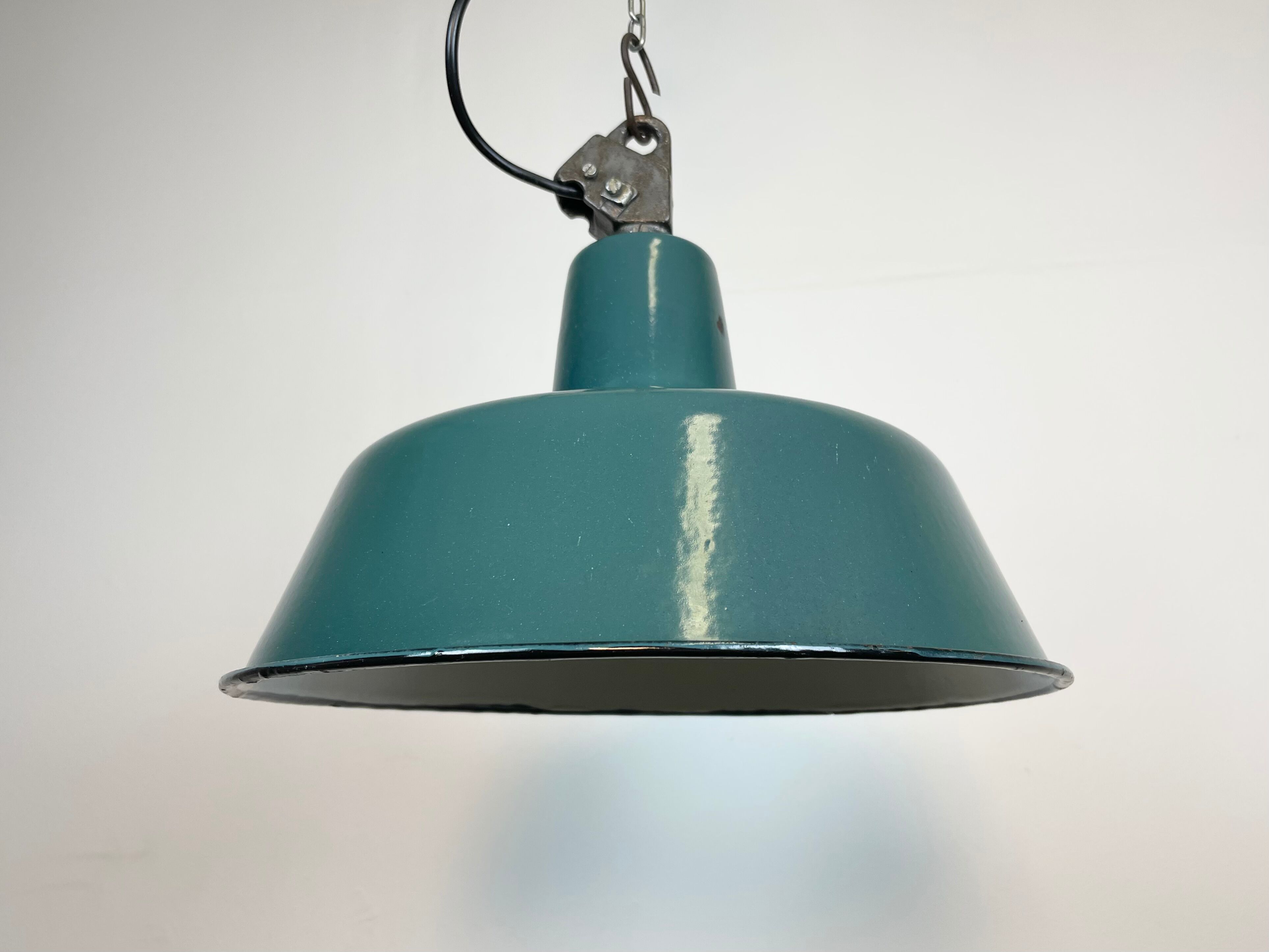 Industrial Green Enamel Factory Lamp with Cast Iron Top, 1960s