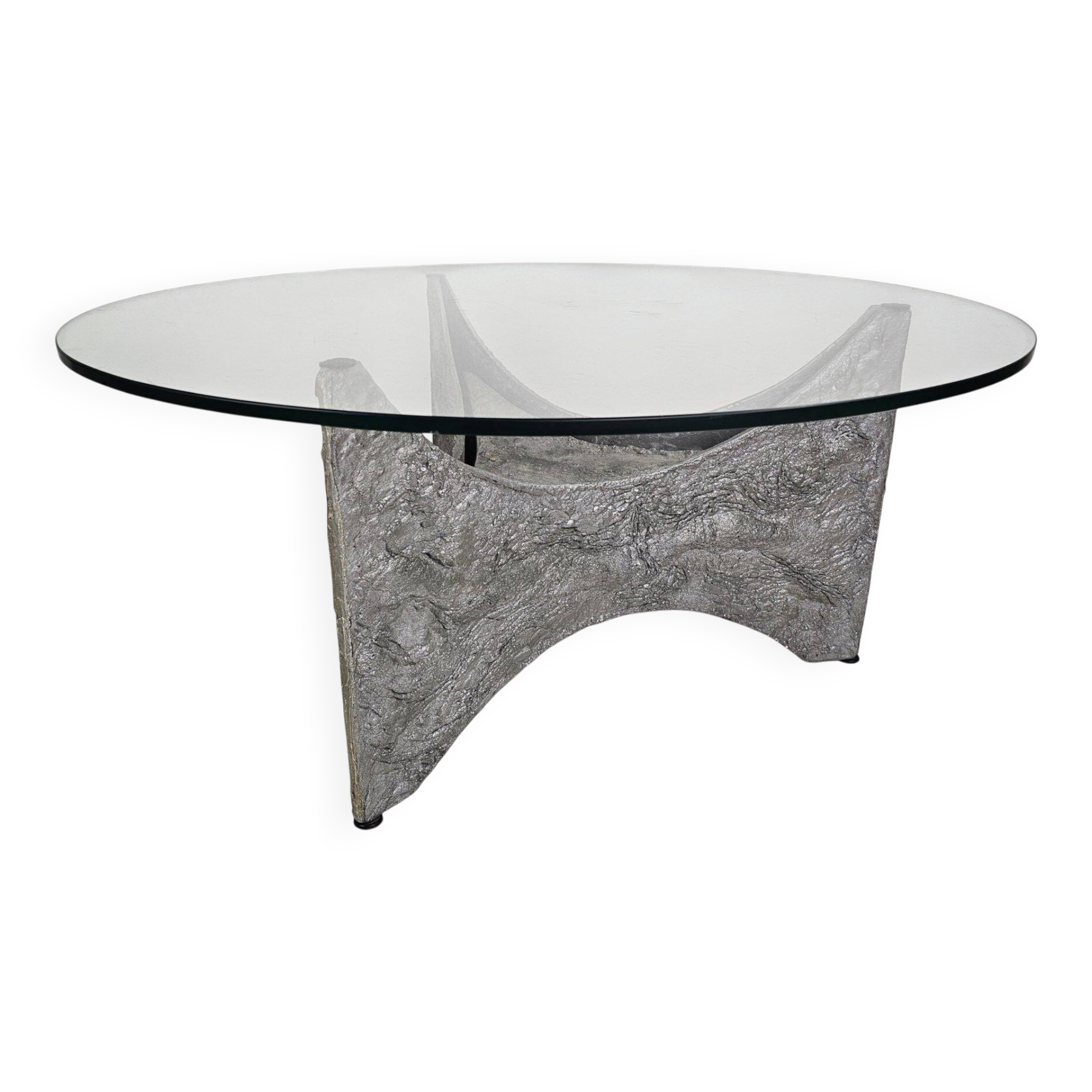 Table basse brutaliste ronde en aluminium coulé avec verre éclairé, années 1970