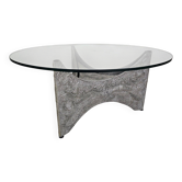 Brutalist round coffee table in cast aluminium with illuminated glass, 1970s