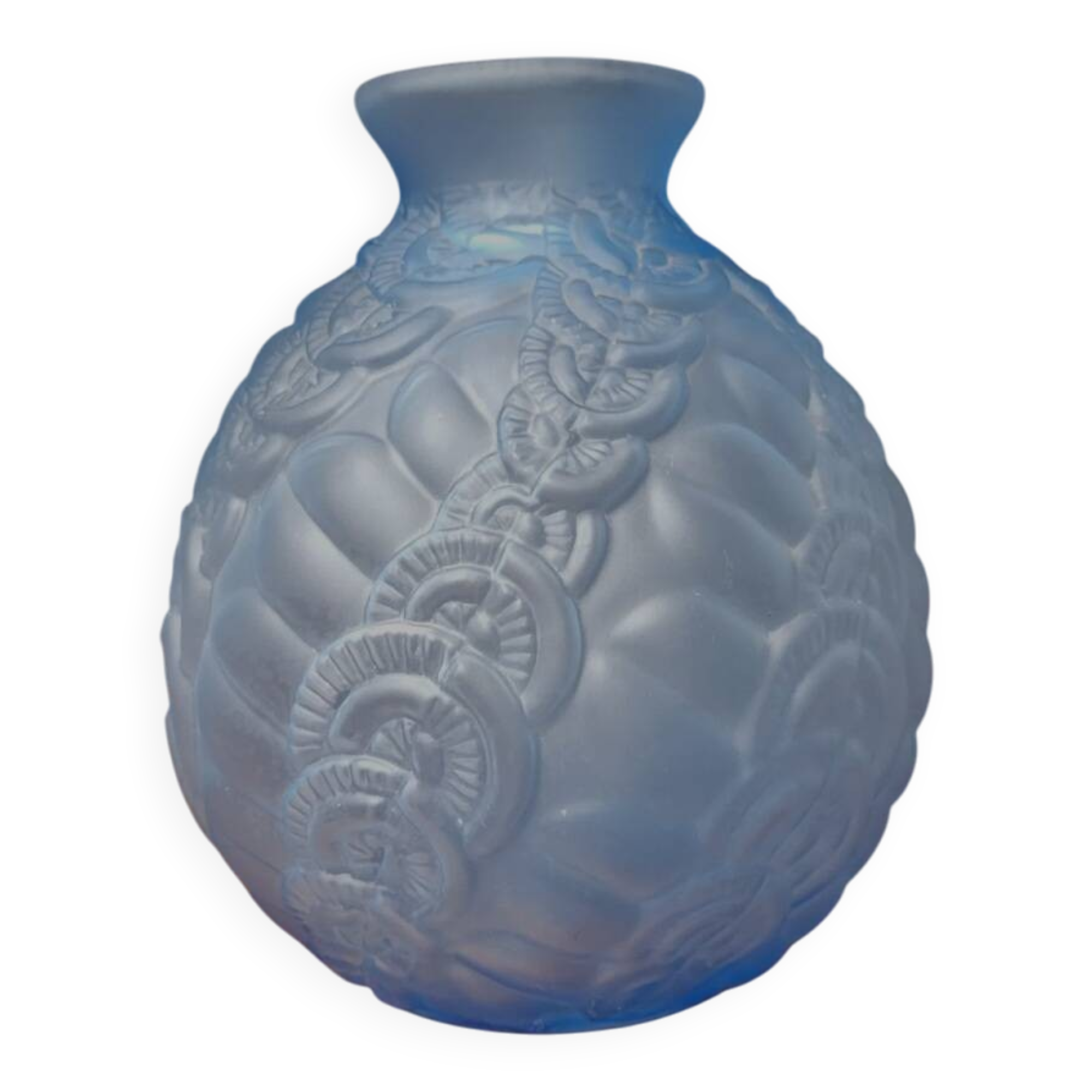 Vases art déco en persglas bleu givré avec décor floral