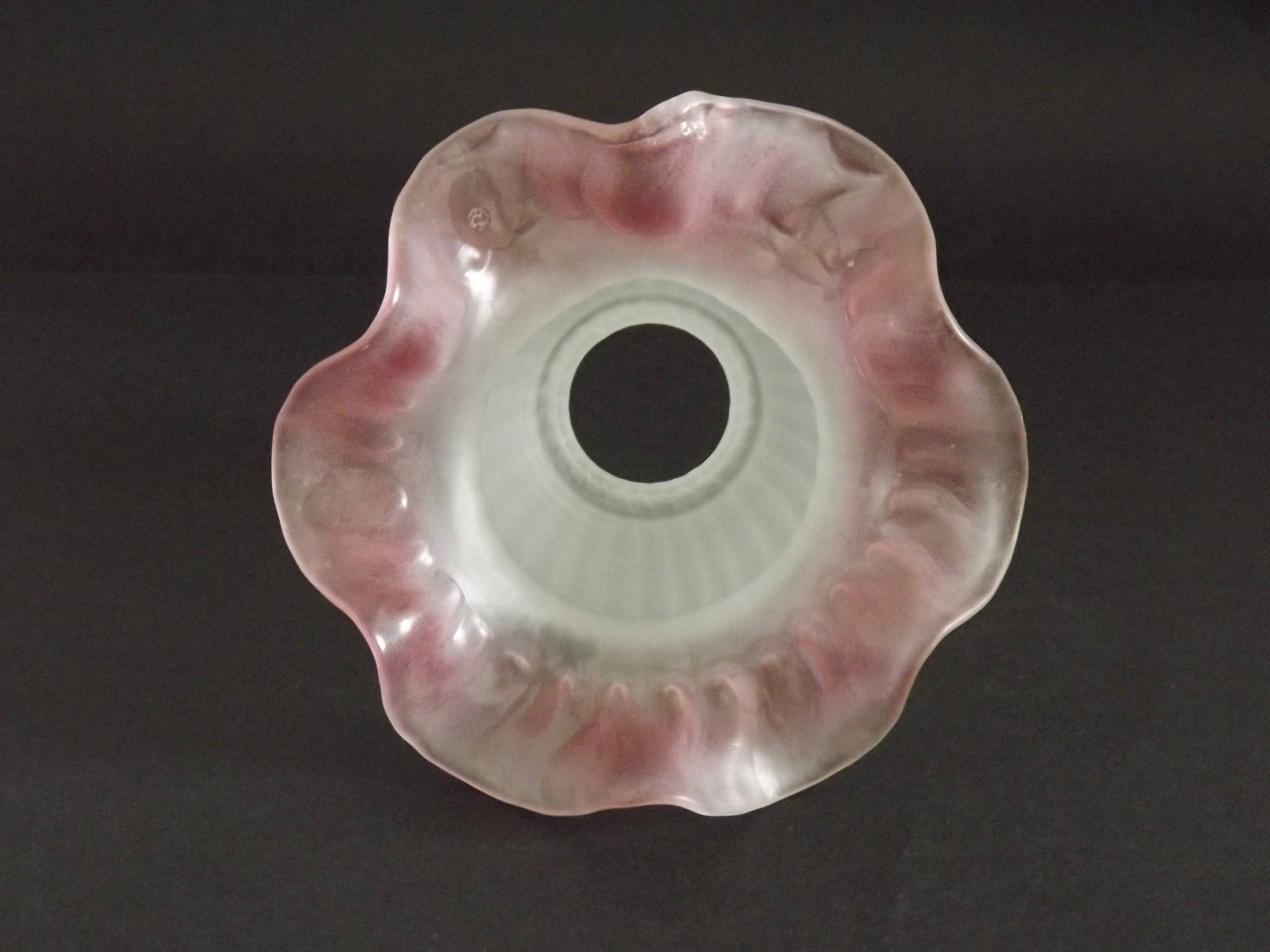 Set of 3 White Opaque Glass Shades With Ribbed Detail Pink Frilled Edge