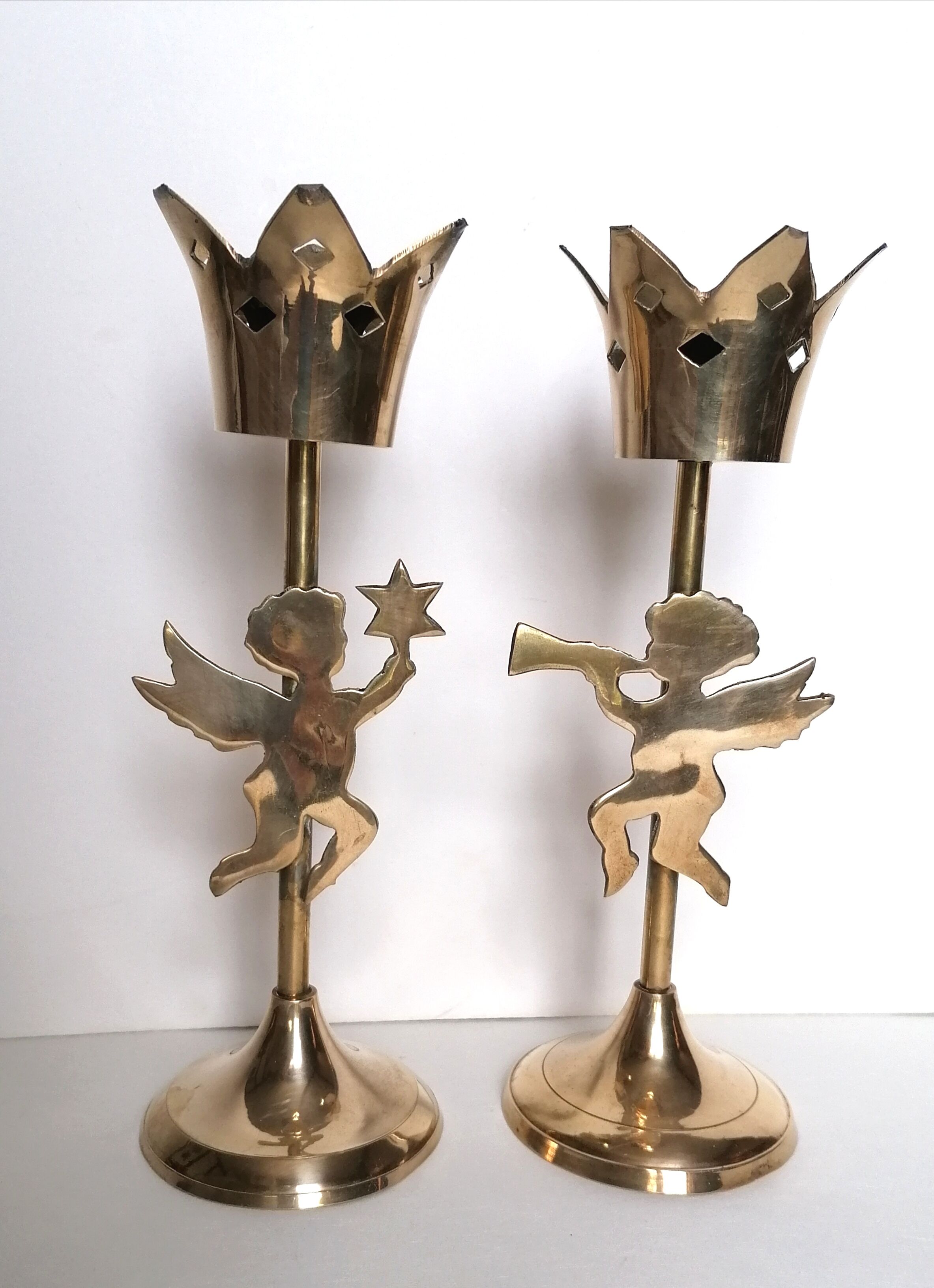 Pair of let'stag candle holders brass angels