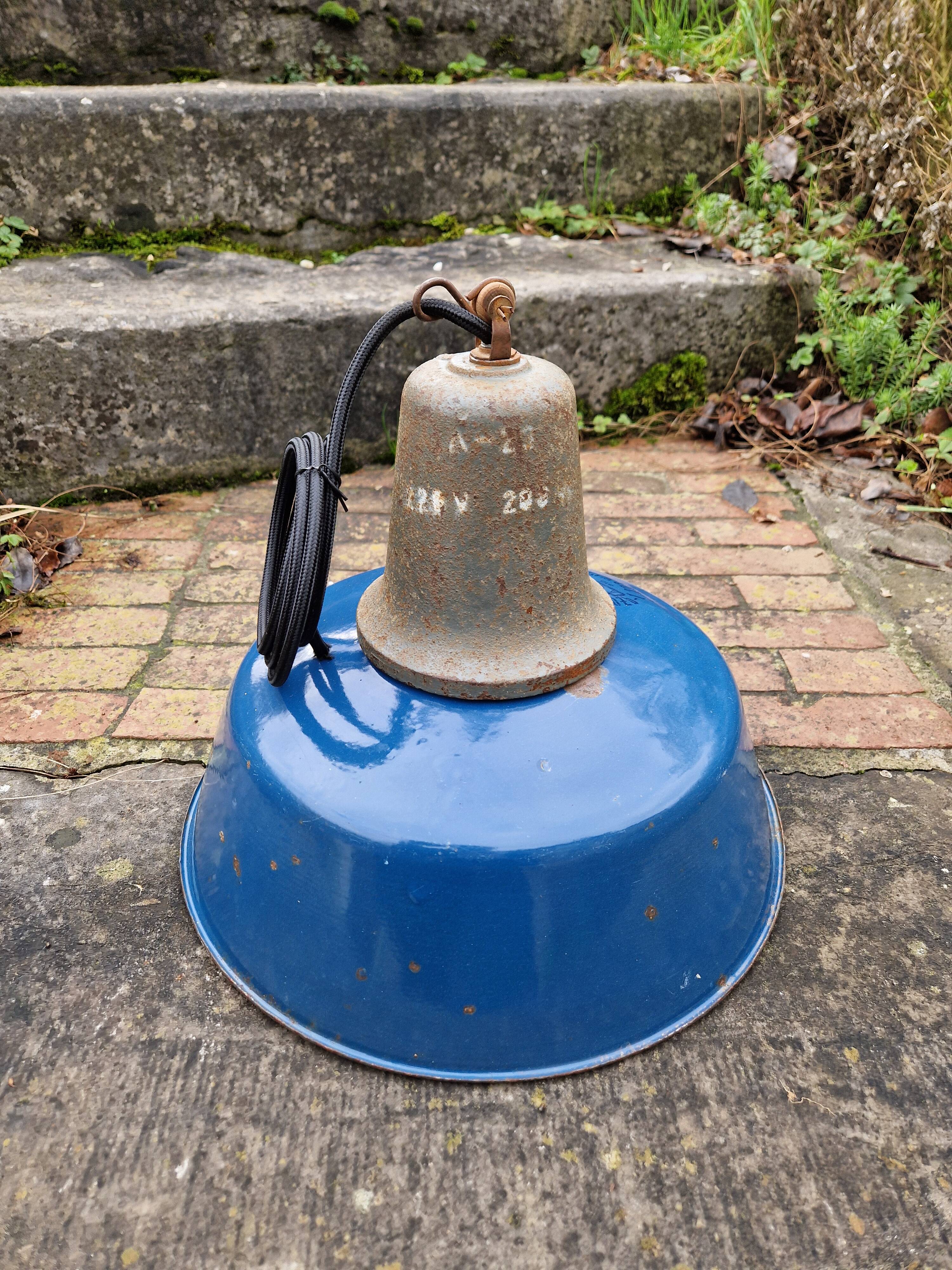 Industrial pendant light in blue enamelled sheet metal and cast iron, Poland, 1950s-60s