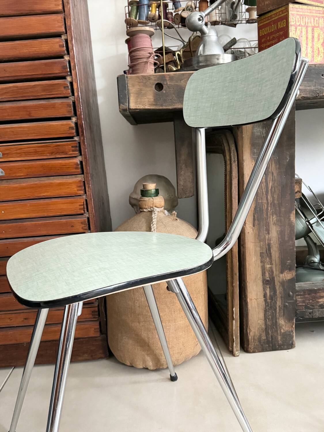 Set of 3 green Formica chairs