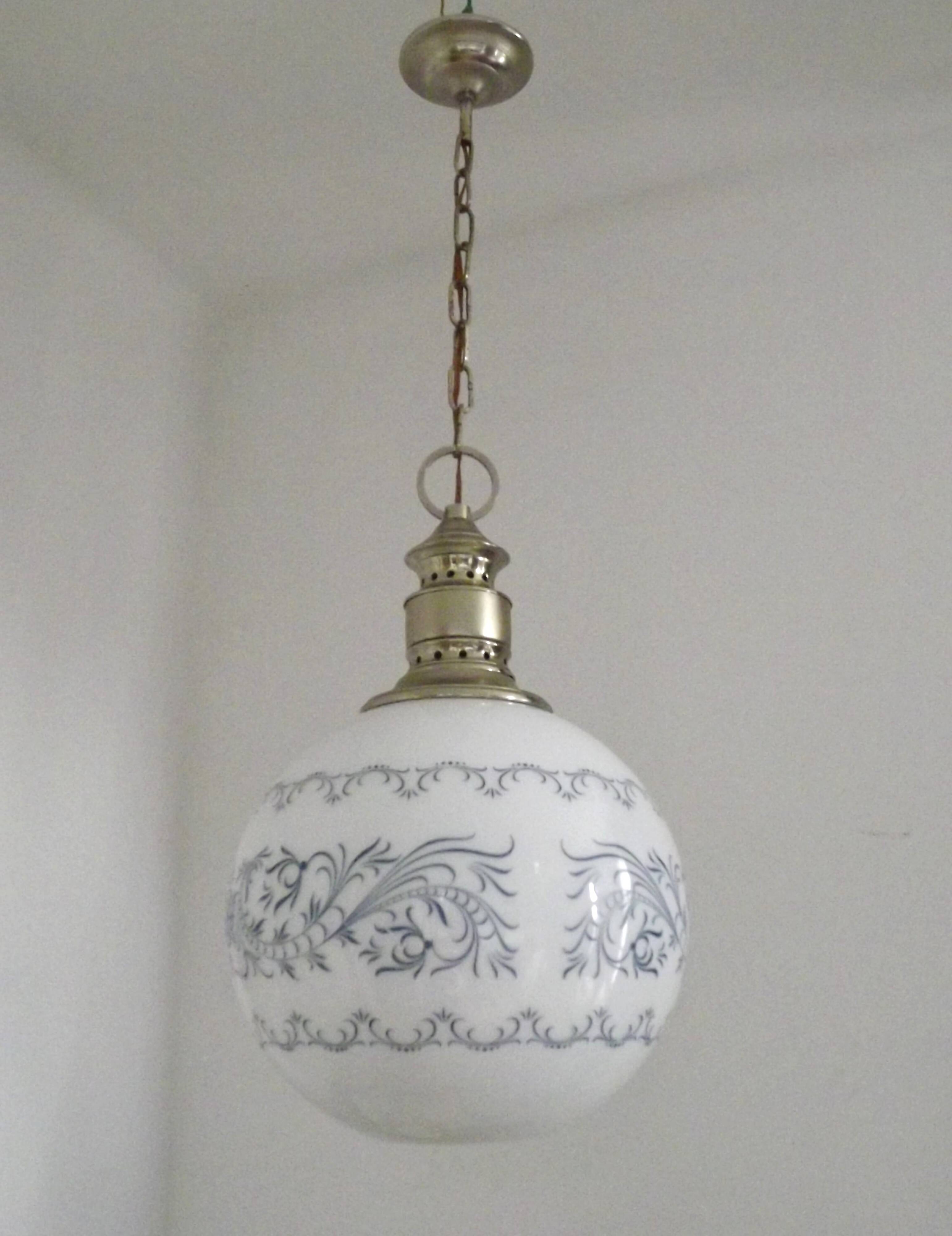 French Mid-Century Globe Pendant, Blue Pattern Shade, Vintage Hanging Light