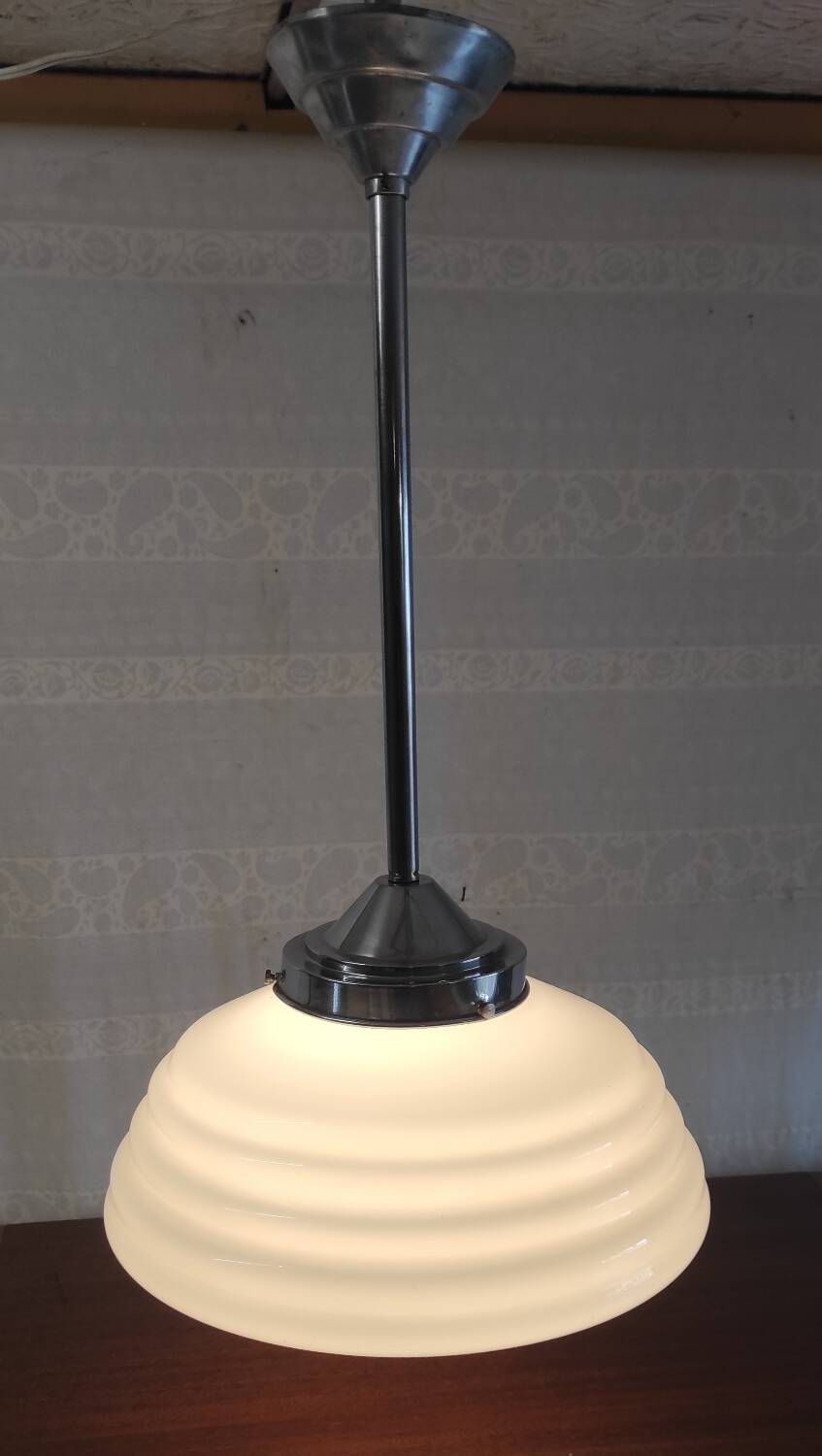 Bauhaus pendant light in chrome metal and opaline globe - 1950s