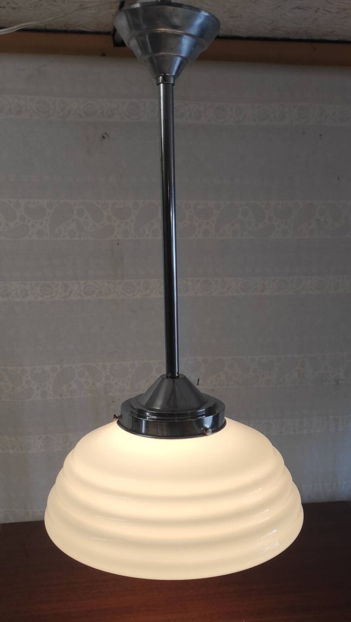 Bauhaus pendant light in chrome metal and opaline globe - 1950s