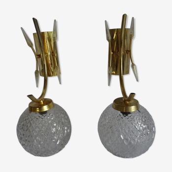 Pair of brass and glass sconces