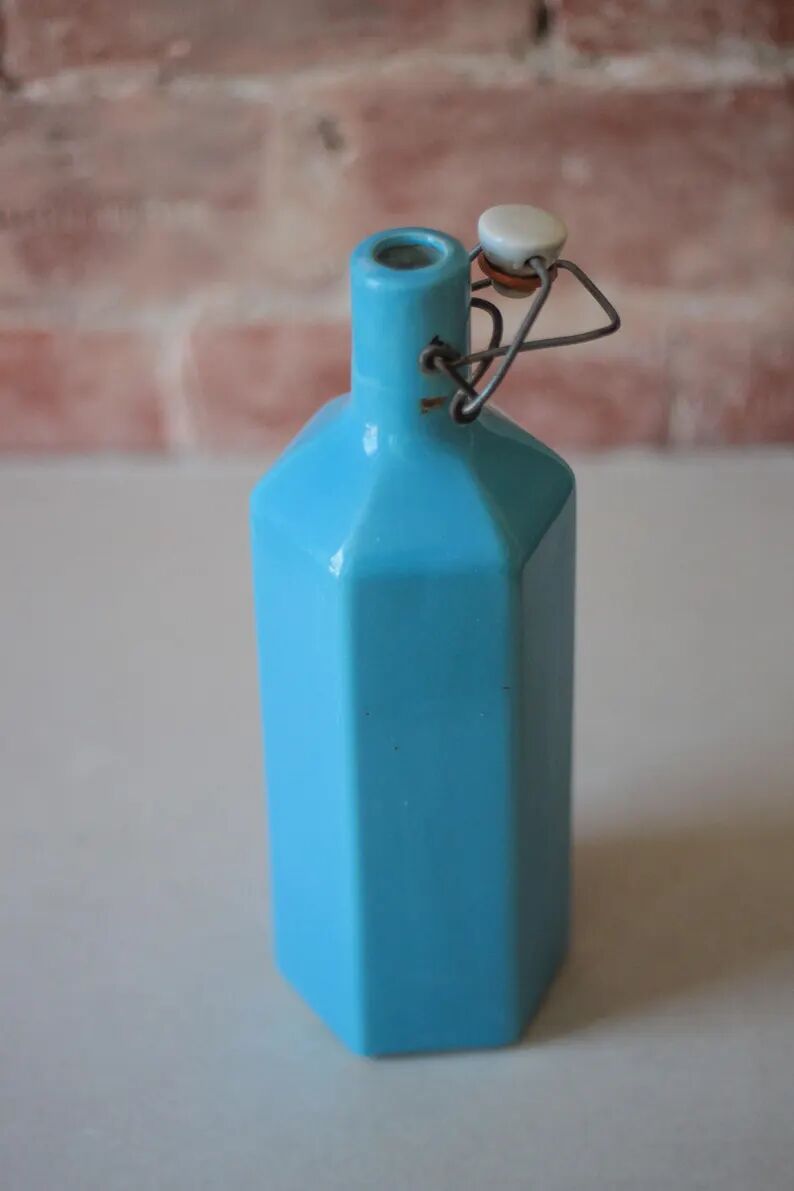 Bouteille de limonade en grès vernissé bleu , grès d'Alsace, poterie, collection
