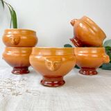 5 vintage Emile Henry lion's head onion soup bowls in ceramic - honey/brown gradient, made in France - traditional elegance
