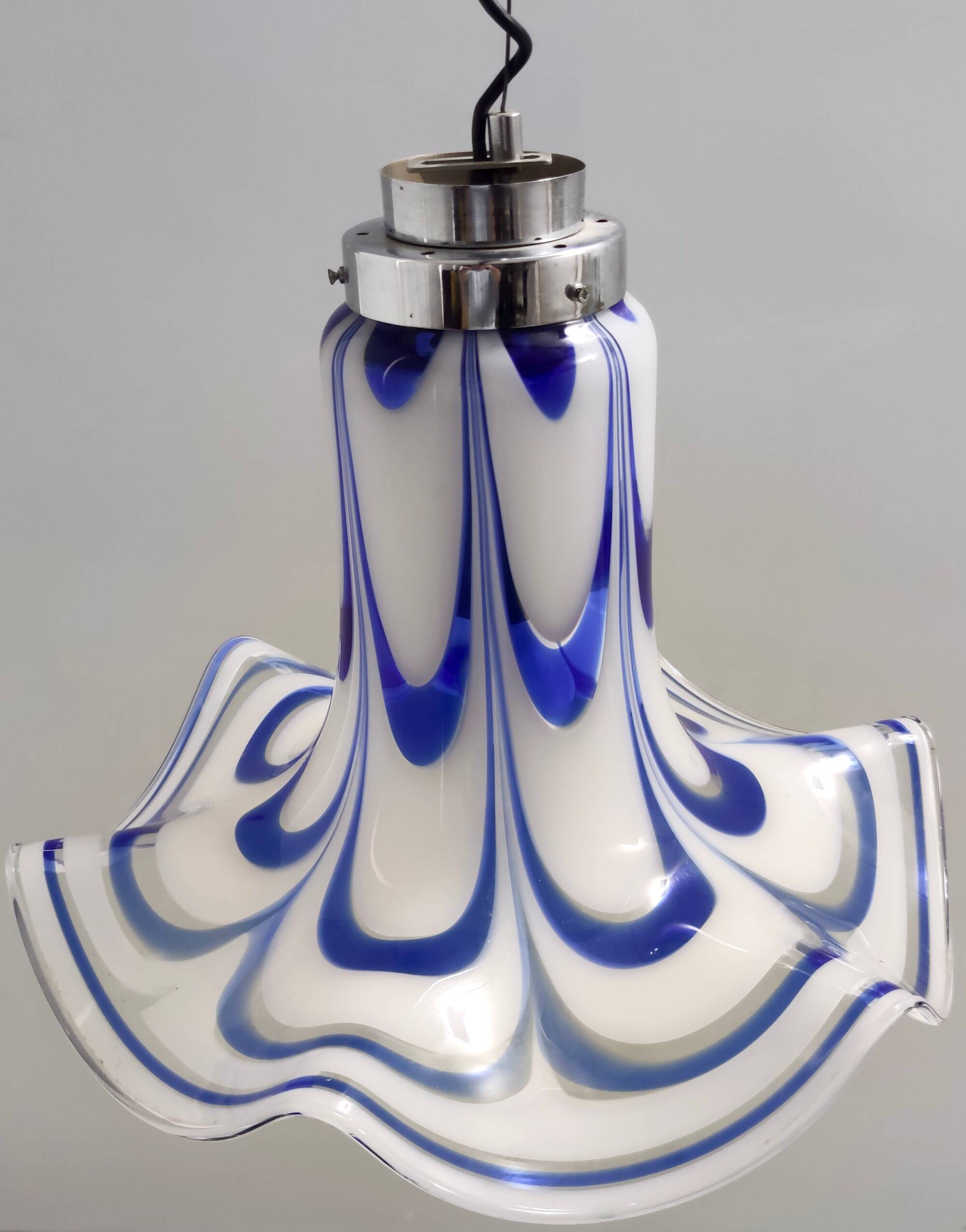 Blue & White Murano Glass Bell Pendant Ascribable to Mazzega, Italy, 1970s