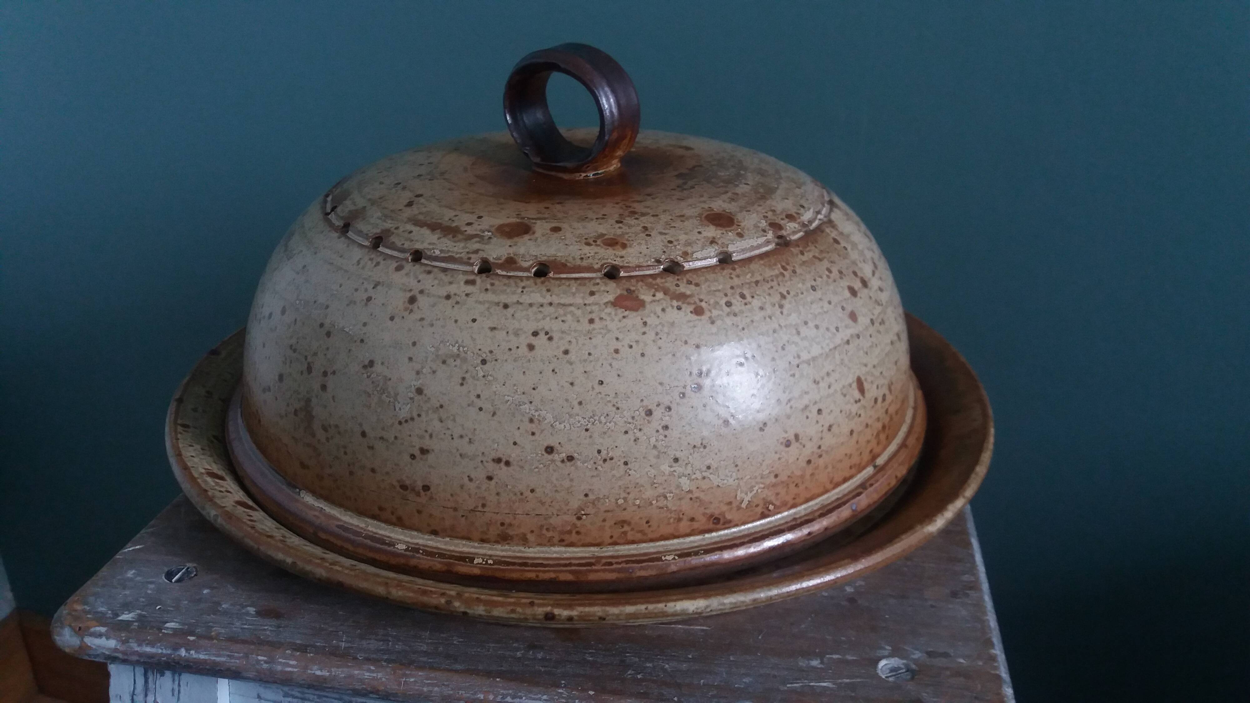 Stoneware cheese bell and platter from Puisaye, signed Jean-Pierre Prud’hom