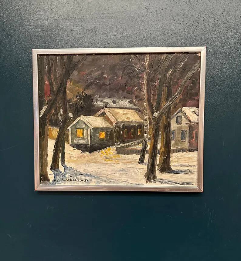 Original Swedish Oil on Panel – “Winter Landscape with House” by M. L. Jacobson – Signed – Vintage & Framed – 48 × 41 cm (18.9" × 16.1")