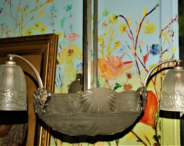 Lustre en verre givré art déco signé frères Muller