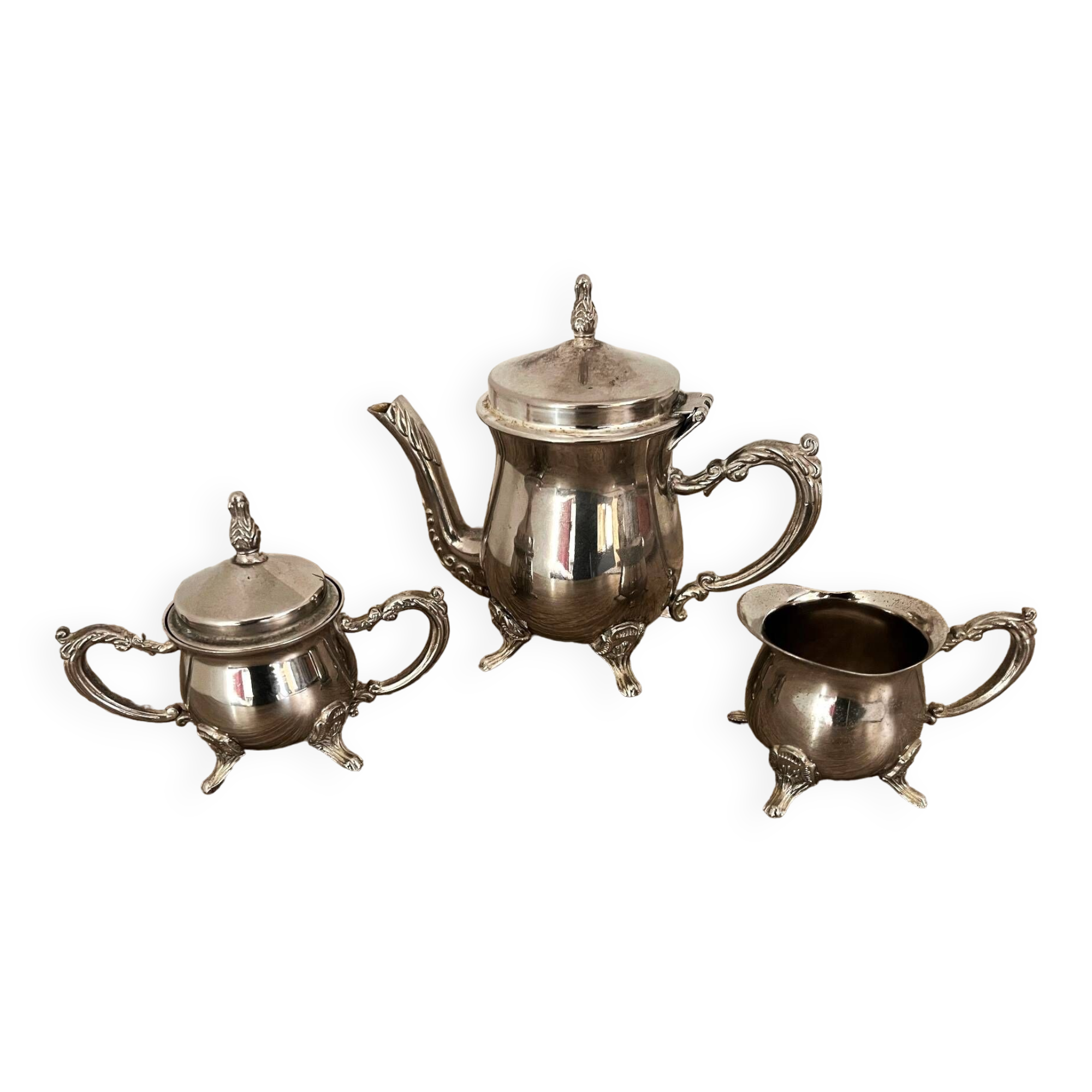 3-piece tea set for 1 person in silver-plated metal or antique stainless steel