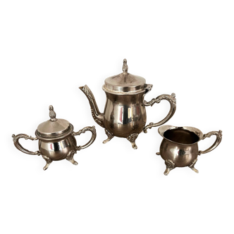 Selfish 3-piece tea service for 1 person in silver metal or old stainless steel