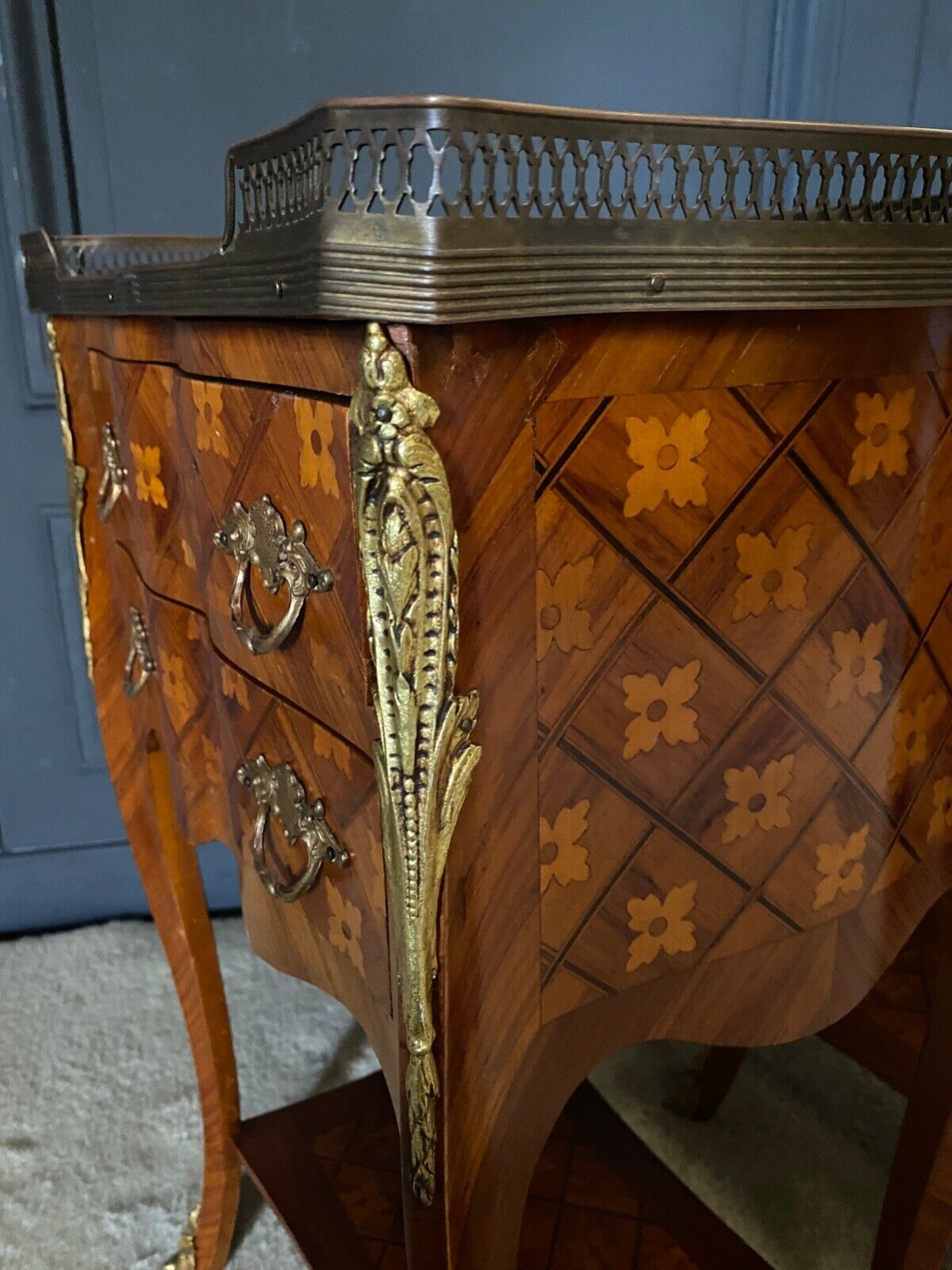Pair of bedside tables Louis XV style marquetry with shamrocks and XXth bronze