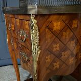 Pair of bedside tables Louis XV style marquetry with shamrocks and XXth bronze