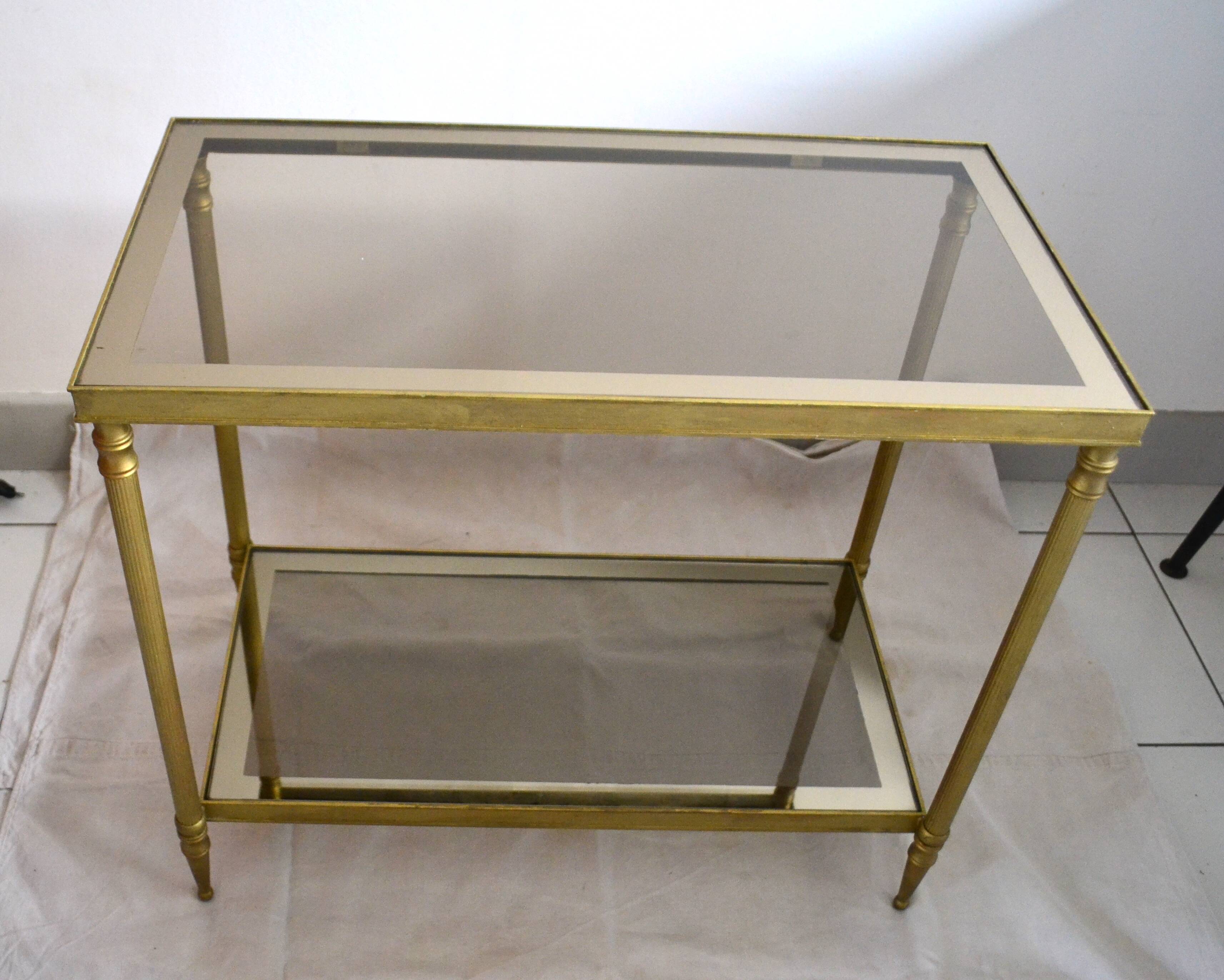 Side table, gold brass, smoked glass, 70s.