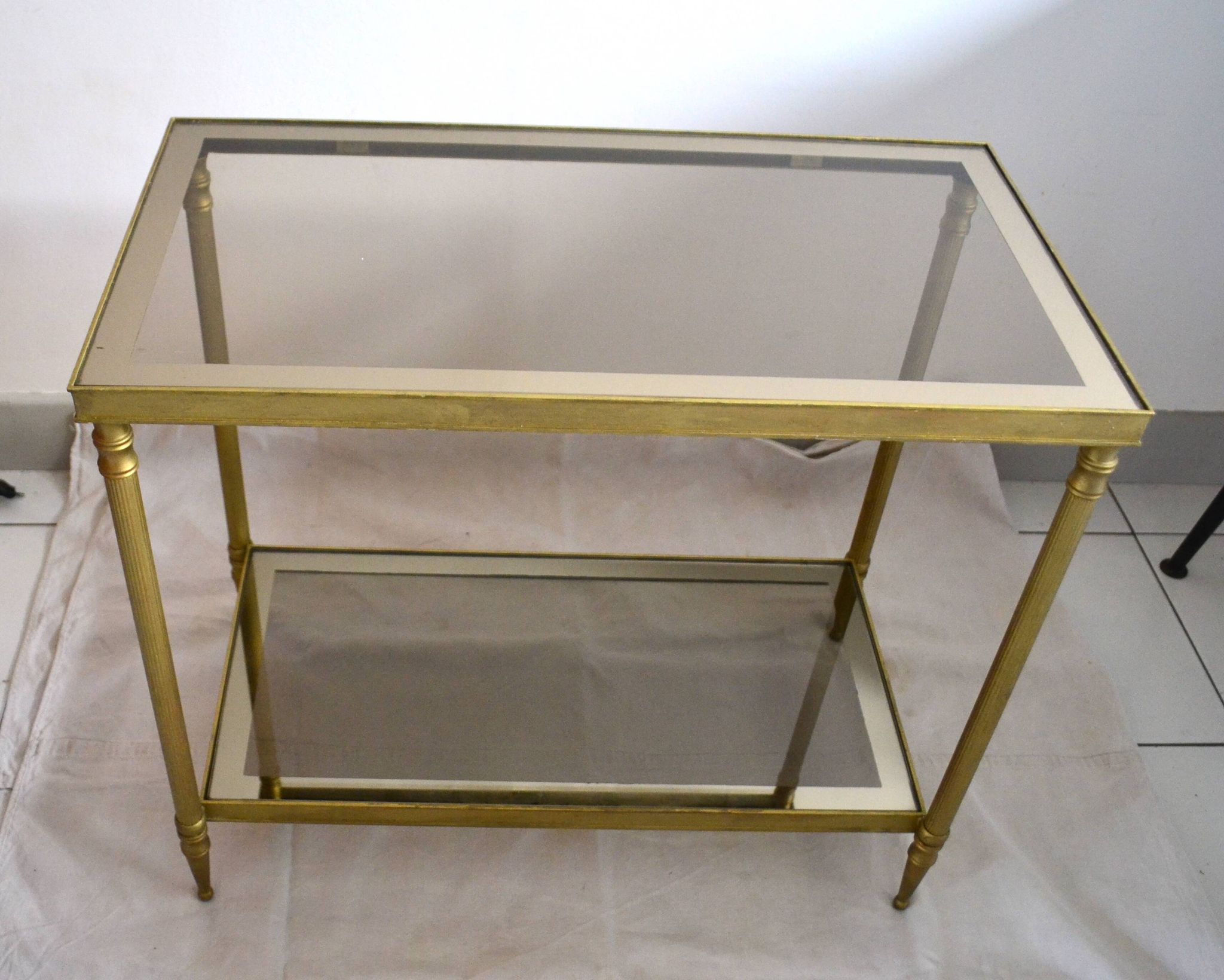 Side table, low table, gold brass, smoked glass, 70s.