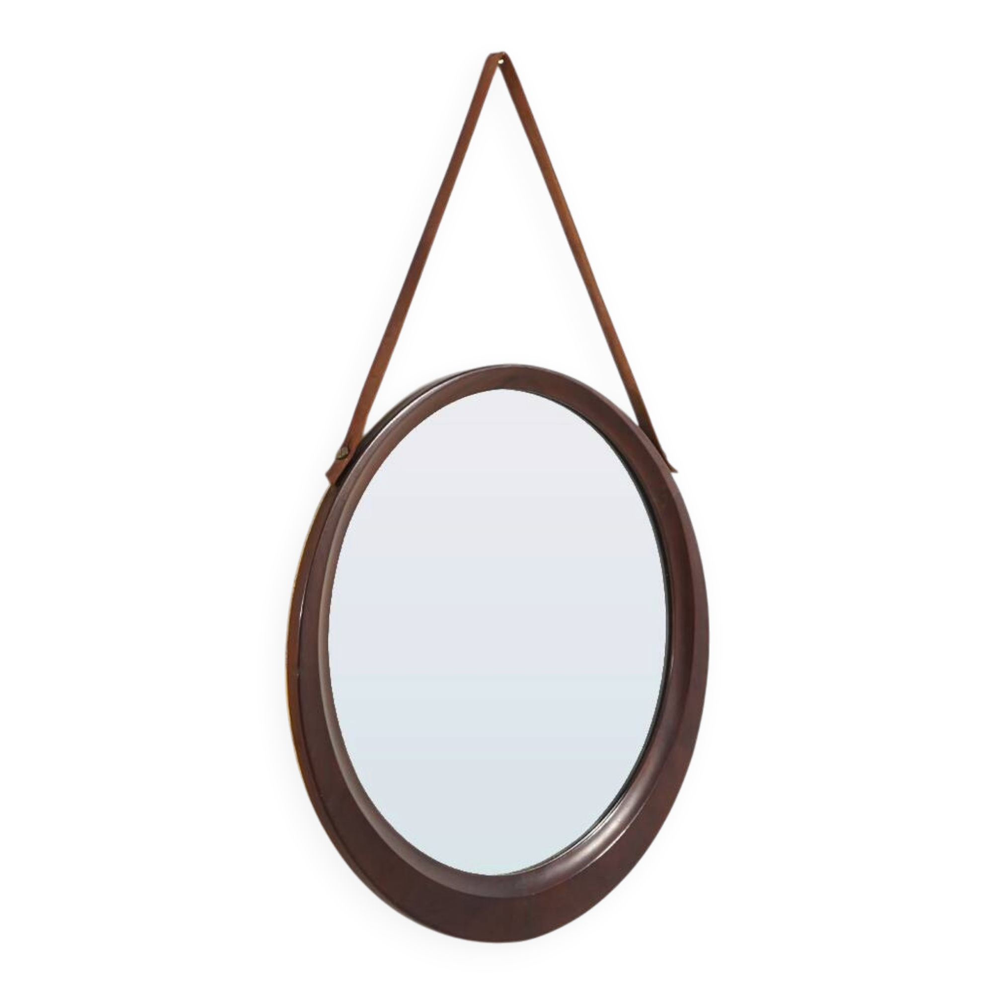 Round wall mirror with leather strap, 1960s