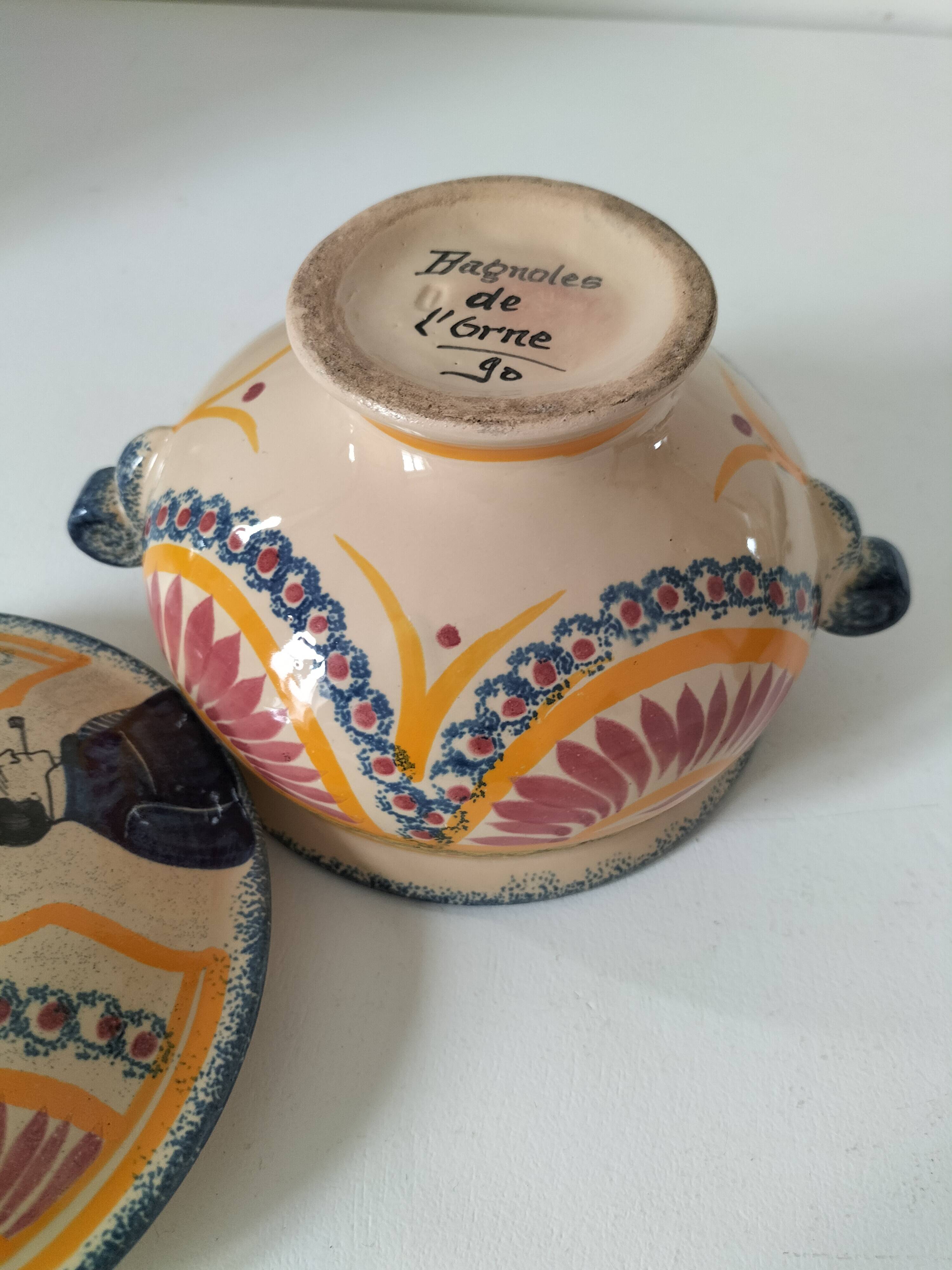 Rare old Quimper candy box decorated with pink basket and Breton portrait
