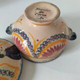 Rare old Quimper candy box decorated with pink basket and Breton portrait