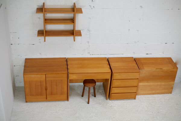 Ensemble de bureau modulable pin Maison Regain France circa 1975