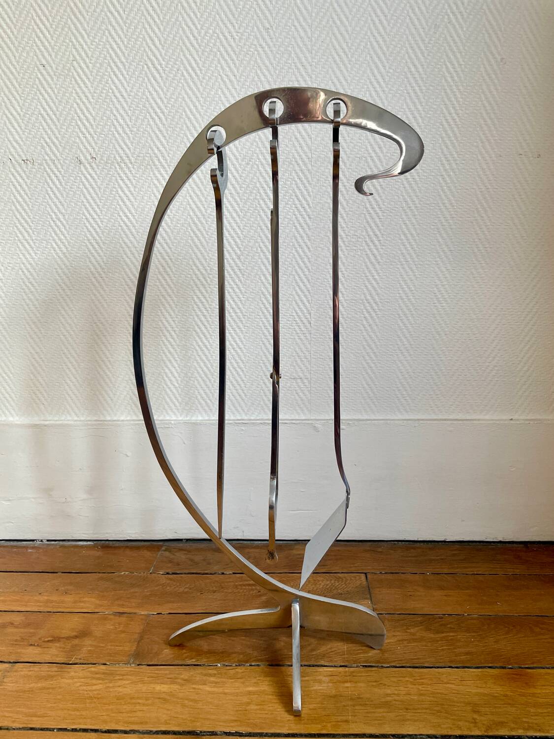 Jaques Charles polished stainless steel fireplace set for Jean-Paul Créations France 1970