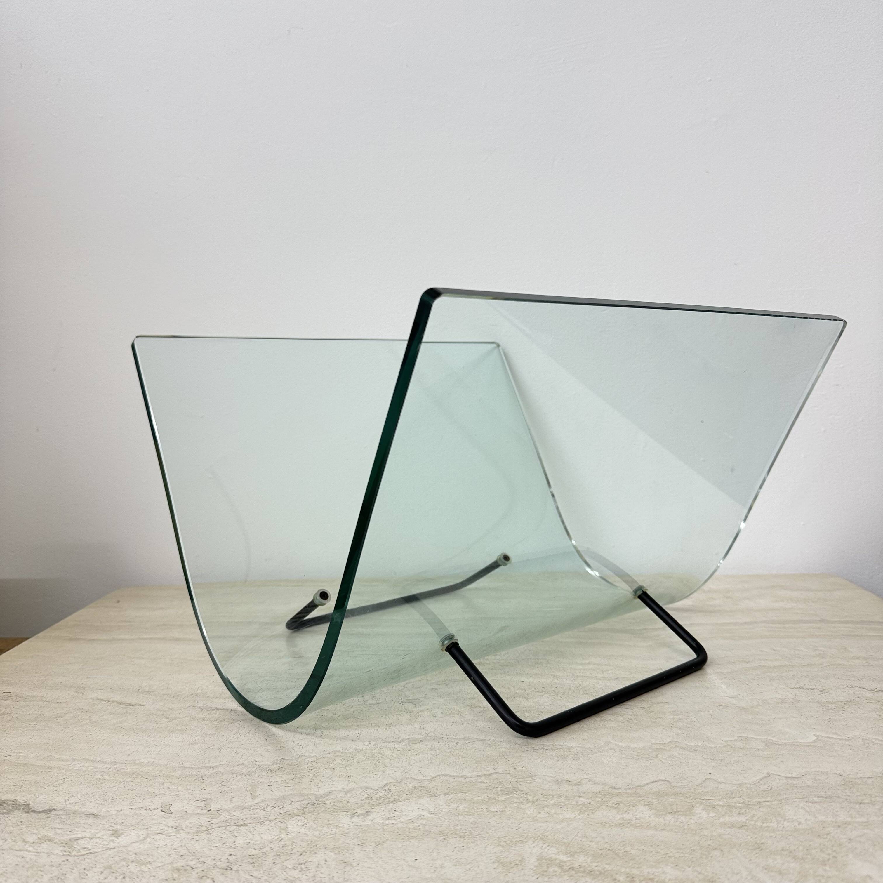 Post modern Fiam Italy curved glass magazine rack , 1980’s