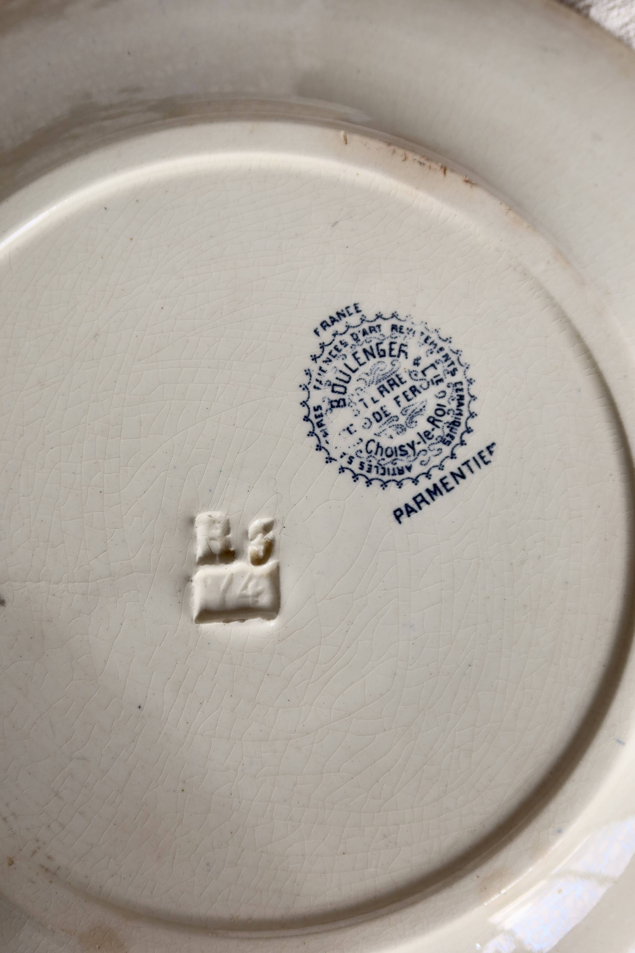 Antique flat plate, ironstone, Boulenger, Choisy-le-Roi "Parmentier"