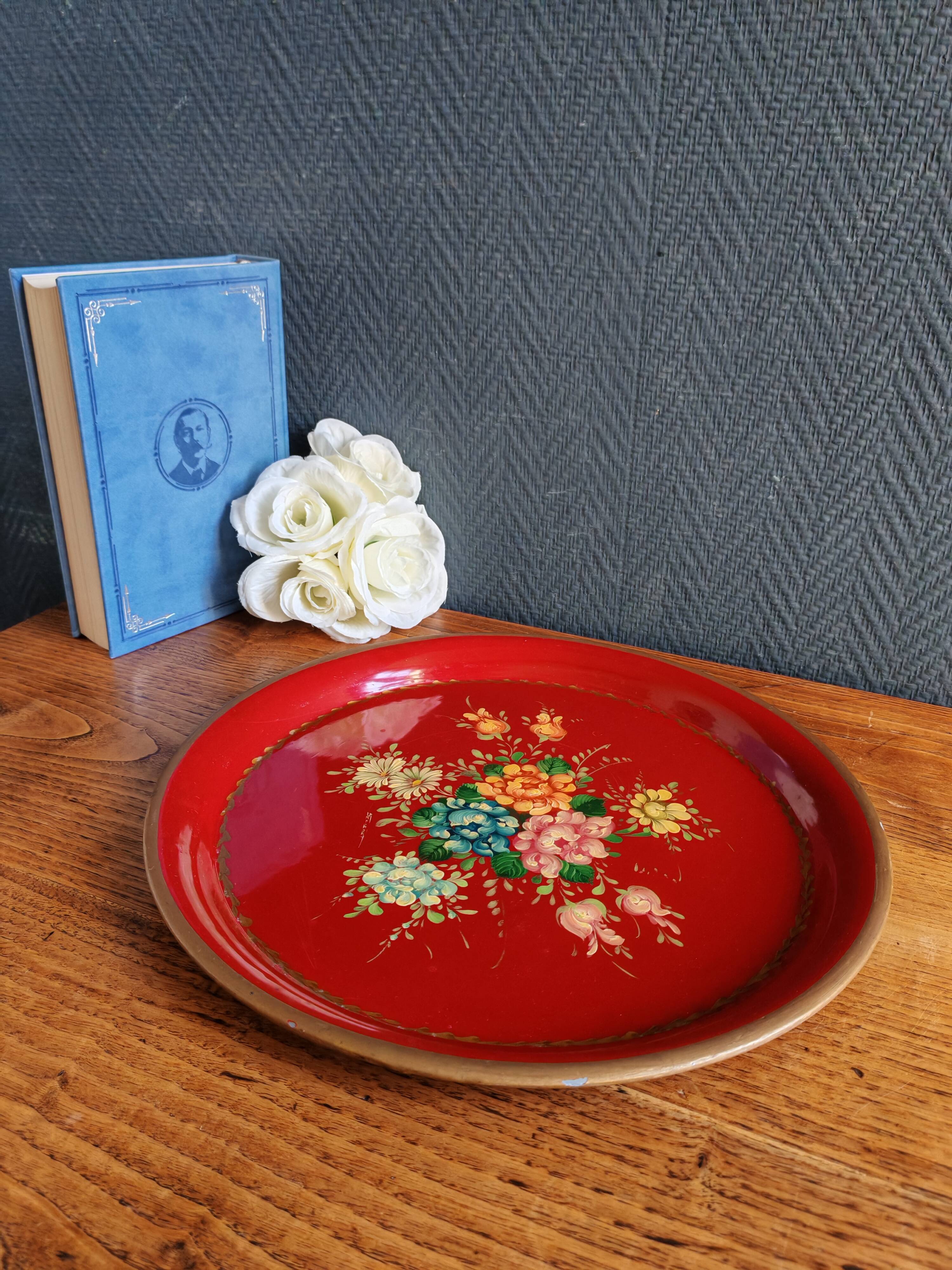 Old Red Plate Signed - Hand-Painted Floral Decoration