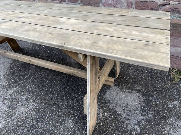 Grande table champêtre de ferme 240 cm en sapin brasserie bois naturel brut