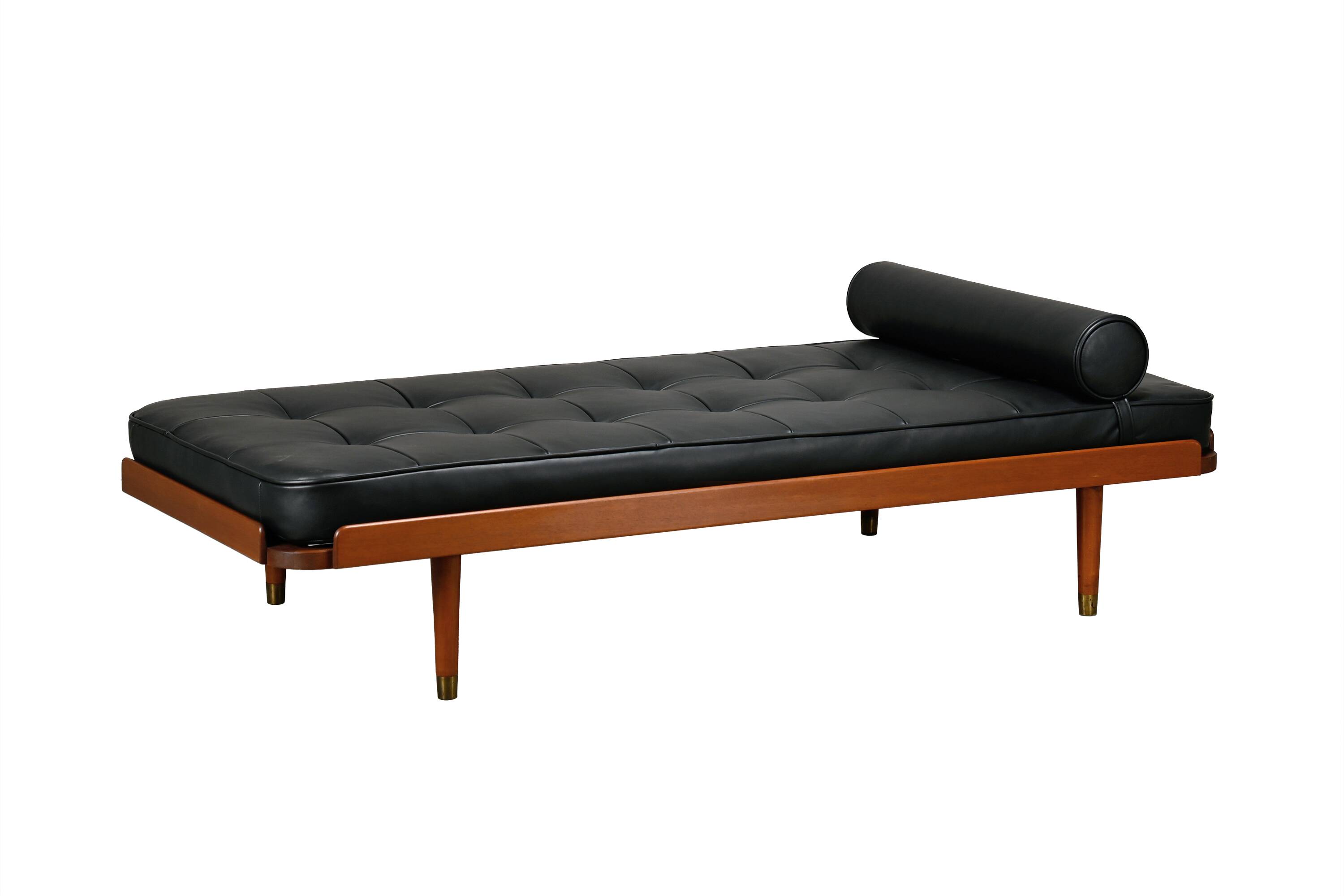 Scandinavian Daybed in Teak and Black Leather attributed to Horsens Møbelfa