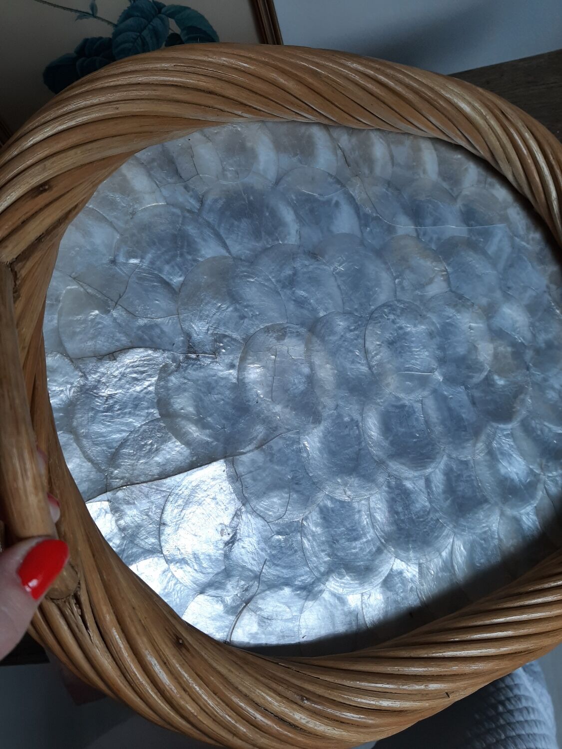 Vintage rattan and mother-of-pearl tray