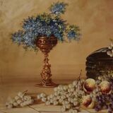 Signed painting still life with flowers and fruit from the 20th century