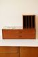 Console, freestanding or wall-mounted Scandinavian shelf in teak and paper with Josef Frank pattern.