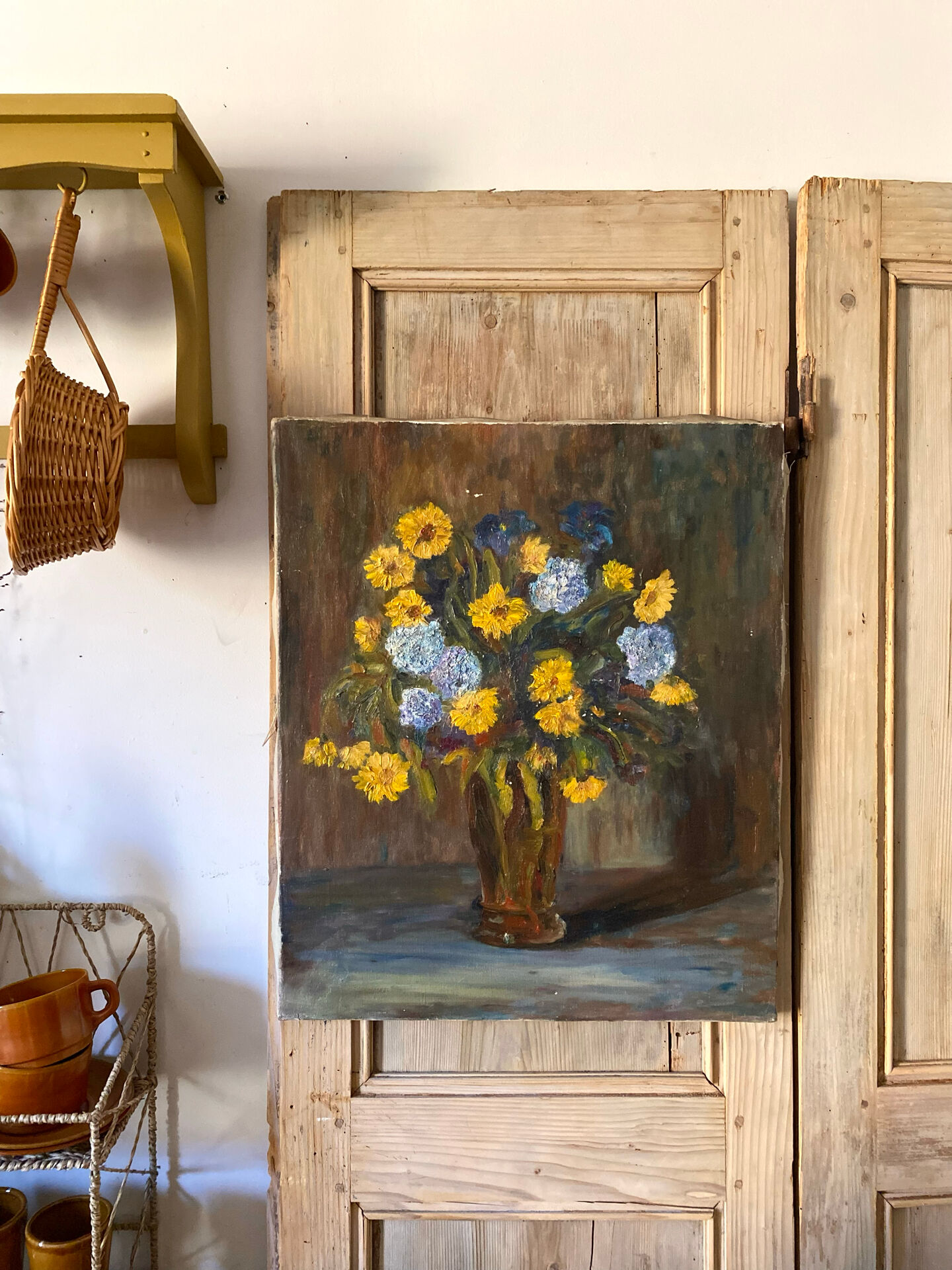 Oil on canvas, bouquet of yellow and blue flowers, mid-20th century.