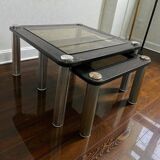 Set of 2 vintage nesting tables: wood and smoked chrome
