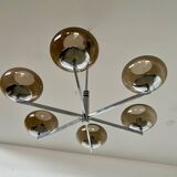 Old 6-light chandelier designed by Sciolari in chrome metal and smoked glass, 70s vintage