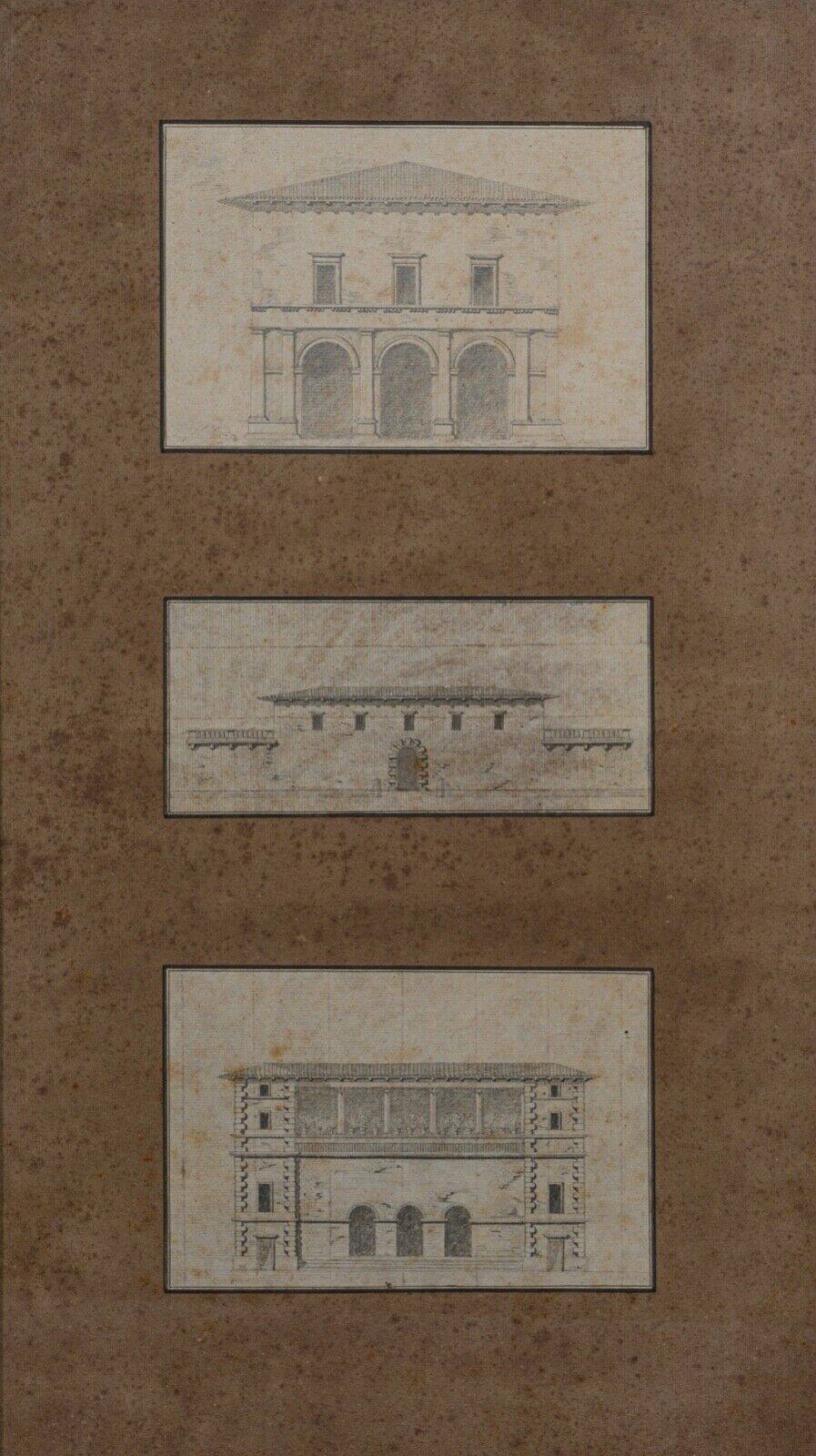Pencil drawings architectural projects early 20th triptych