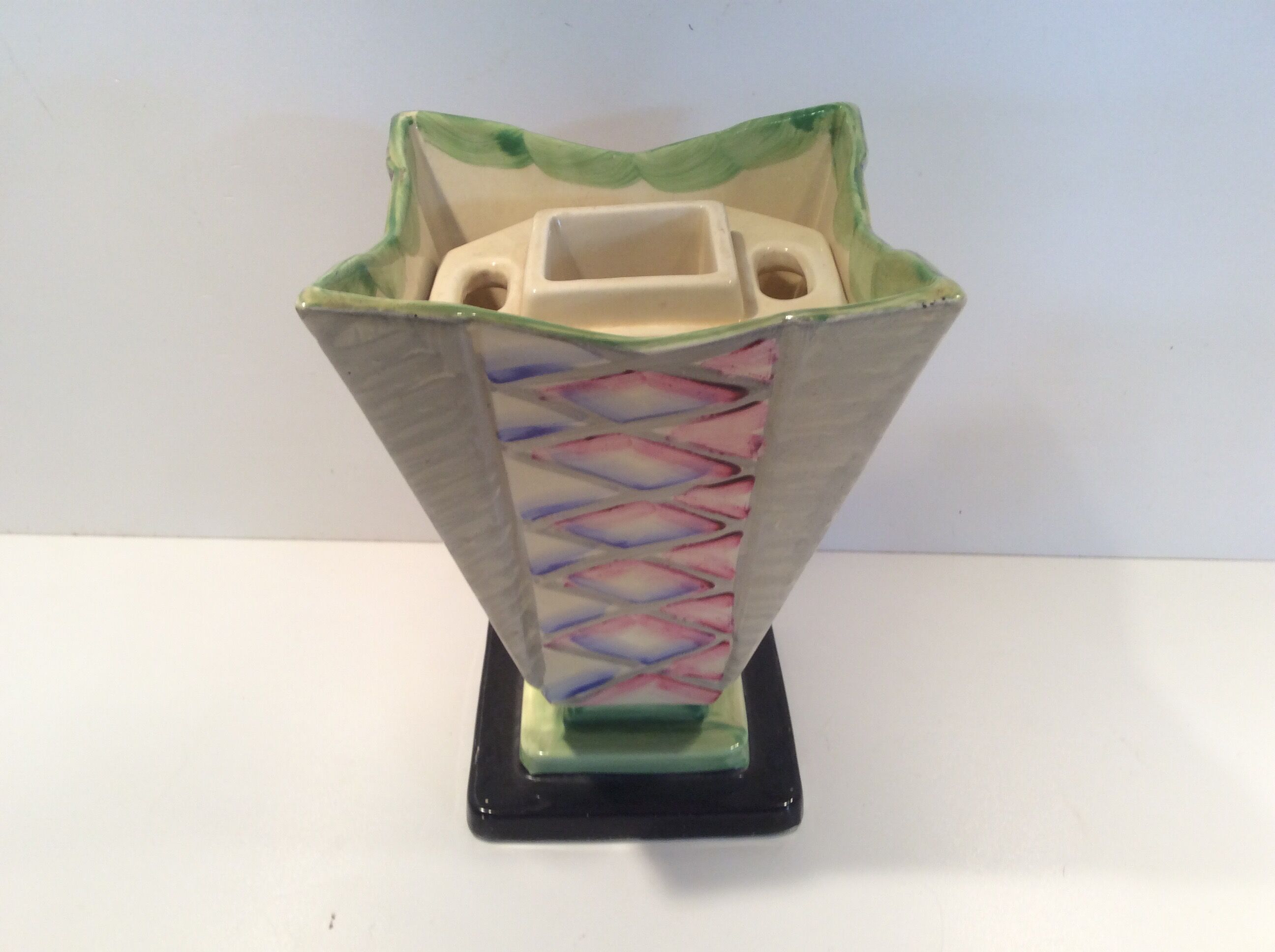 Hand painted art deco vase by Myott and son with flower holder in the centre