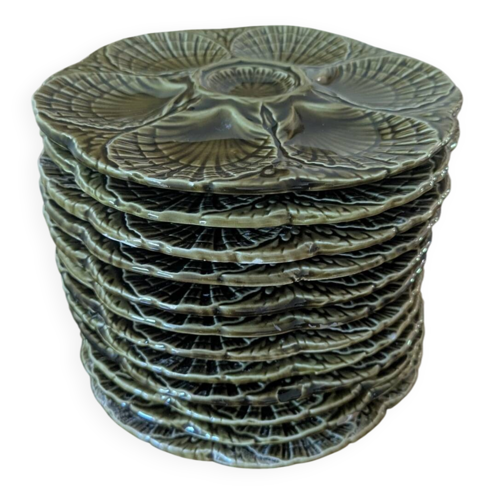 Oyster service Sarreguemines in barbotine – 12 plates + large bowl
