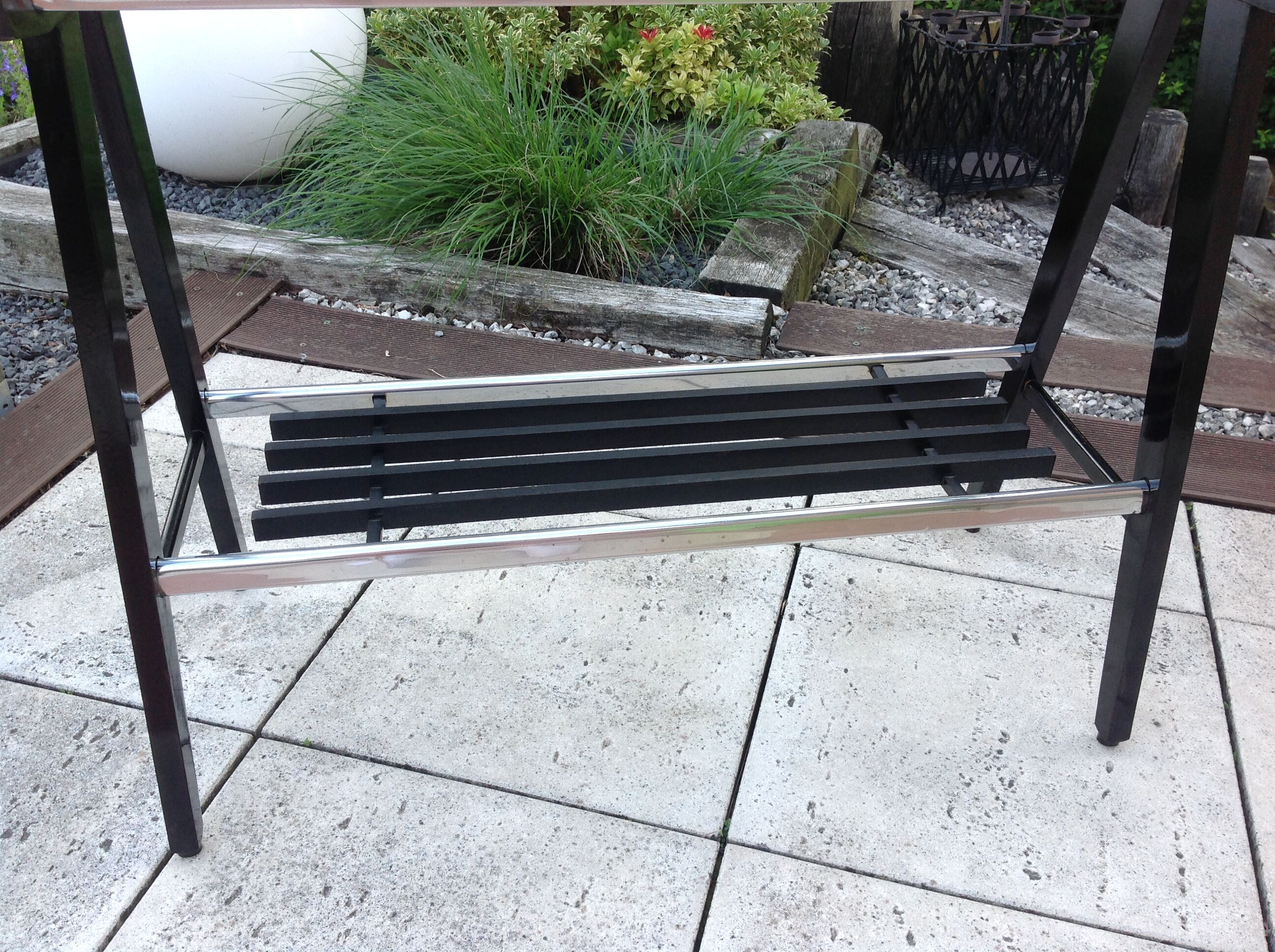 Console in black lacquered wood and chromed metal / vintage 60s-70s