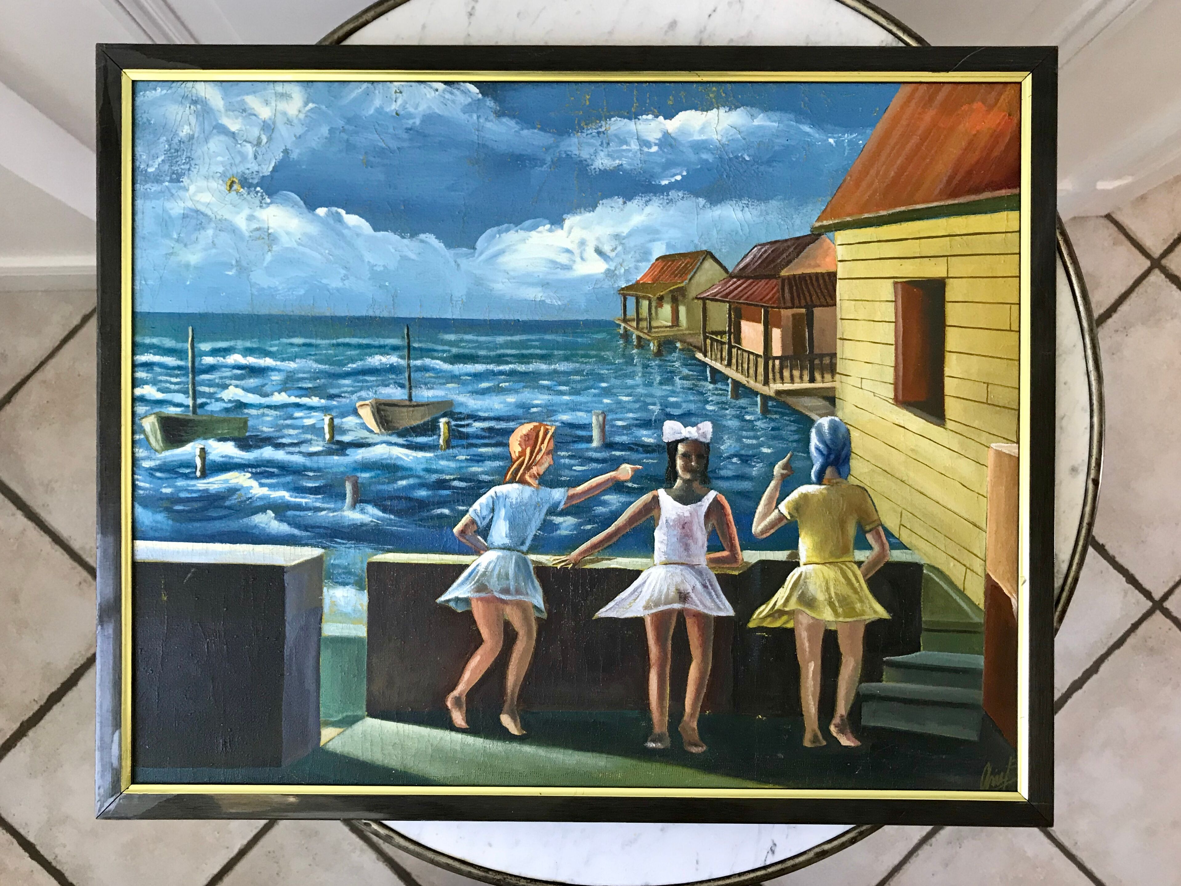 Tableau ancien mer enfants signé vintage