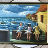 Tableau ancien mer enfants signé vintage