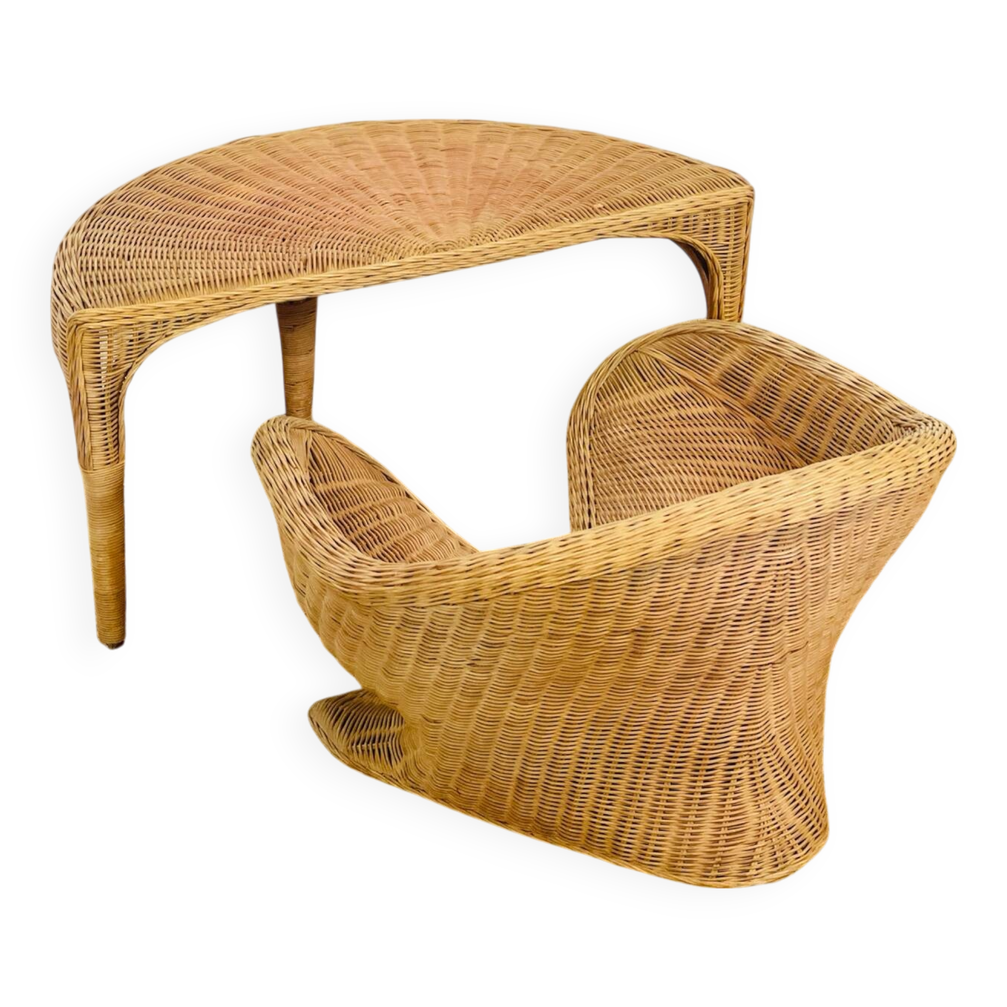 Lotus meditation chair and rattan table, 1960s