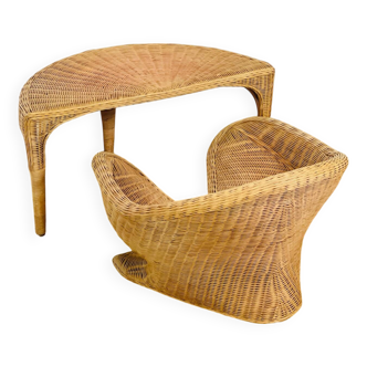 Fauteuil de méditation lotus et sa table en rotin, 1960